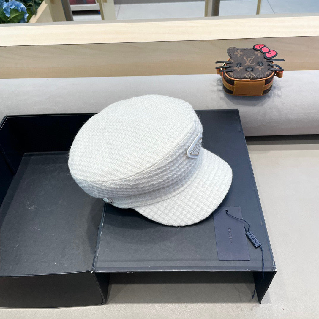 Prada Elegant Hat White Knitted Woolen Fabric 125658