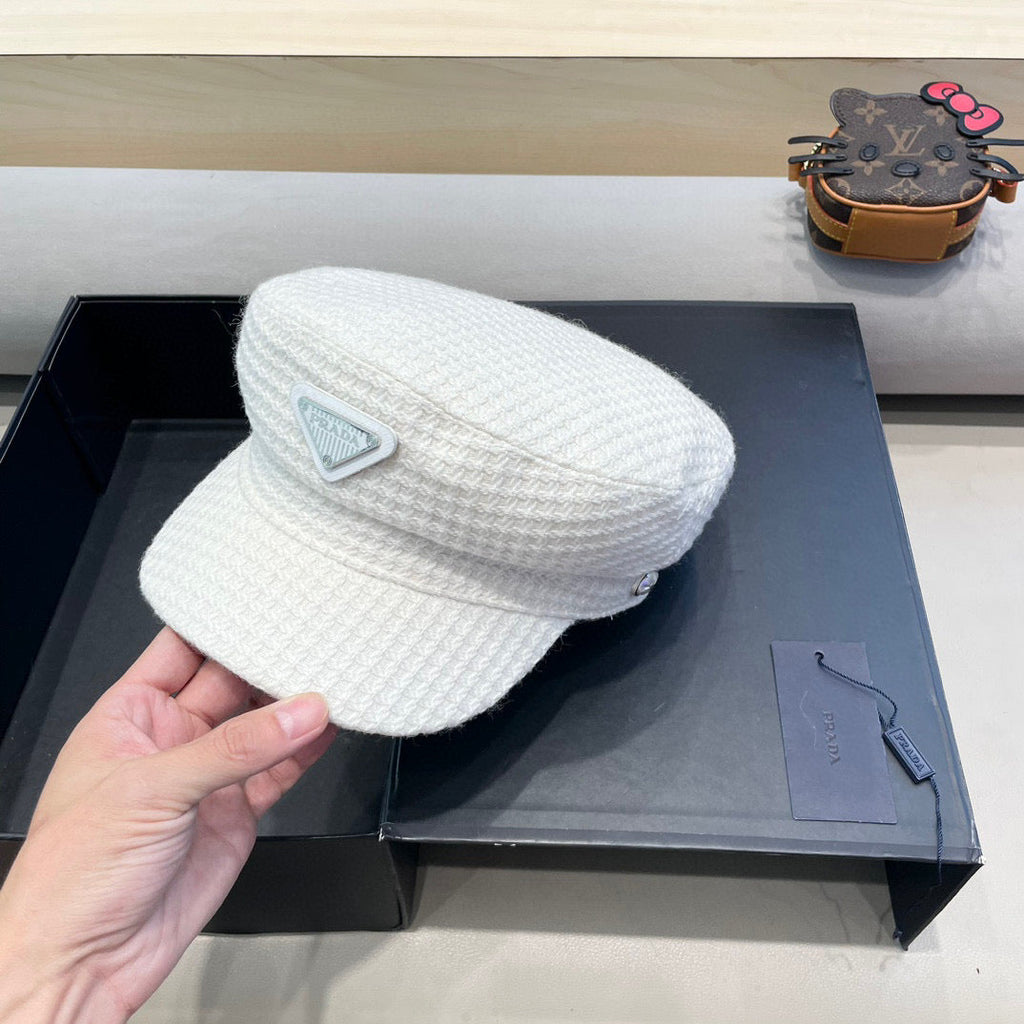 Prada Elegant Hat White Knitted Woolen Fabric 125658