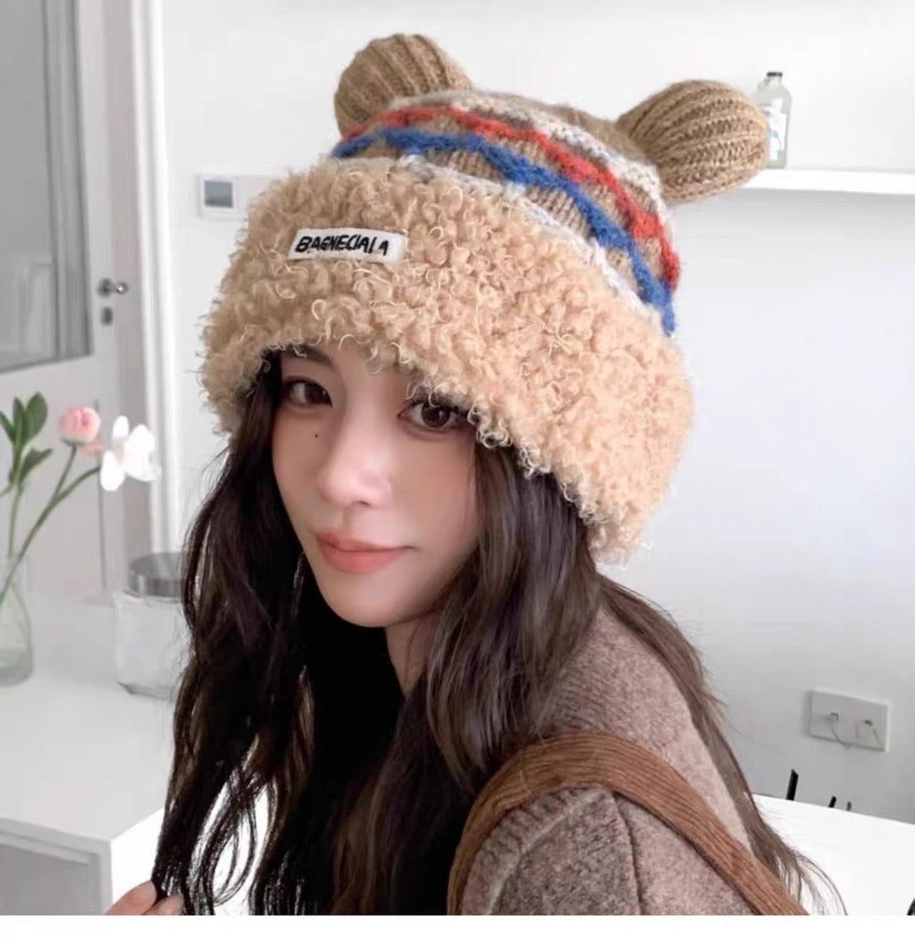 Prada 25 Cute Bear Ears Hat Brown Multicolor Knitted Woolen Fabric 125504