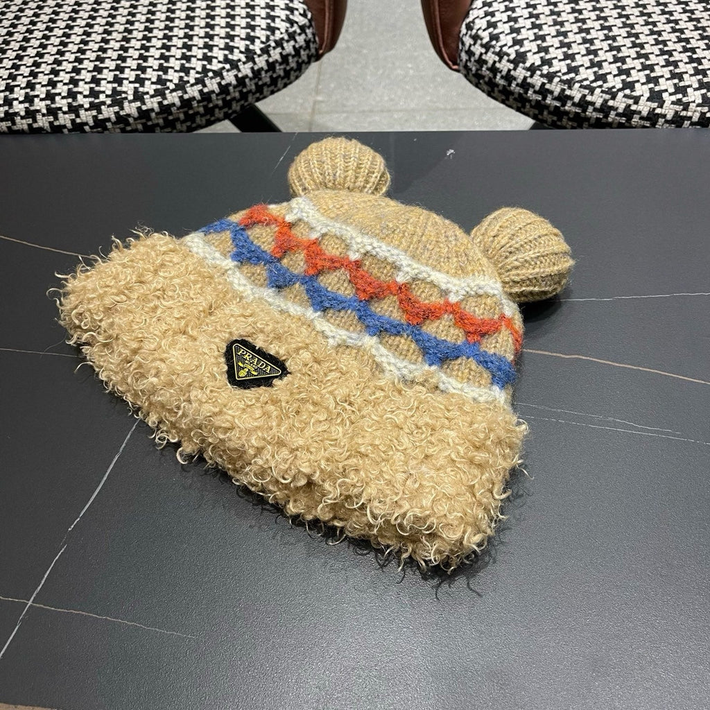 Prada 25 Cute Bear Ears Hat Brown Multicolor Knitted Woolen Fabric 125504