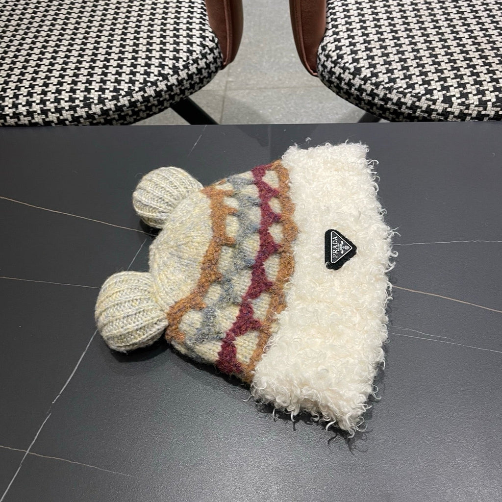 Prada 25 Cute Bear Ears Hat White Multicolor Knitted Woolen Fabric 125503