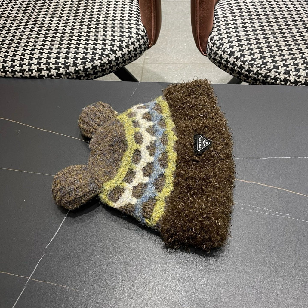 Prada 25 Cute Bear Ears Hat Dark Brown Multicolor Knitted Woolen Fabric 125502