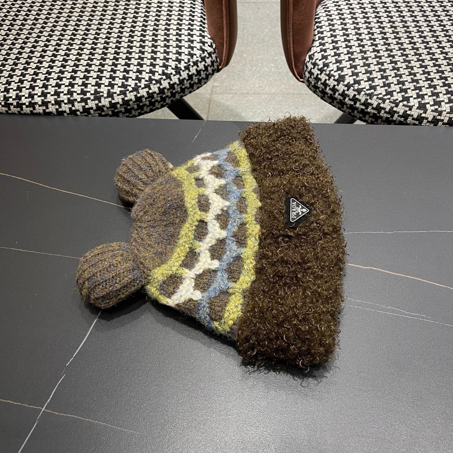 Prada 25 Cute Bear Ears Hat Dark Brown Multicolor Knitted Woolen Fabric 125502