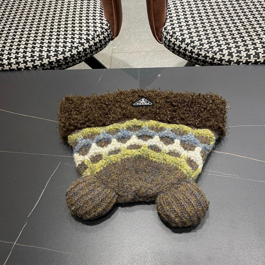 Prada 25 Cute Bear Ears Hat Dark Brown Multicolor Knitted Woolen Fabric 125502