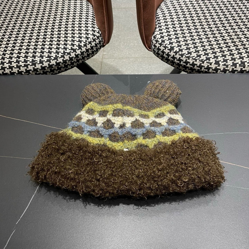 Prada 25 Cute Bear Ears Hat Dark Brown Multicolor Knitted Woolen Fabric 125502