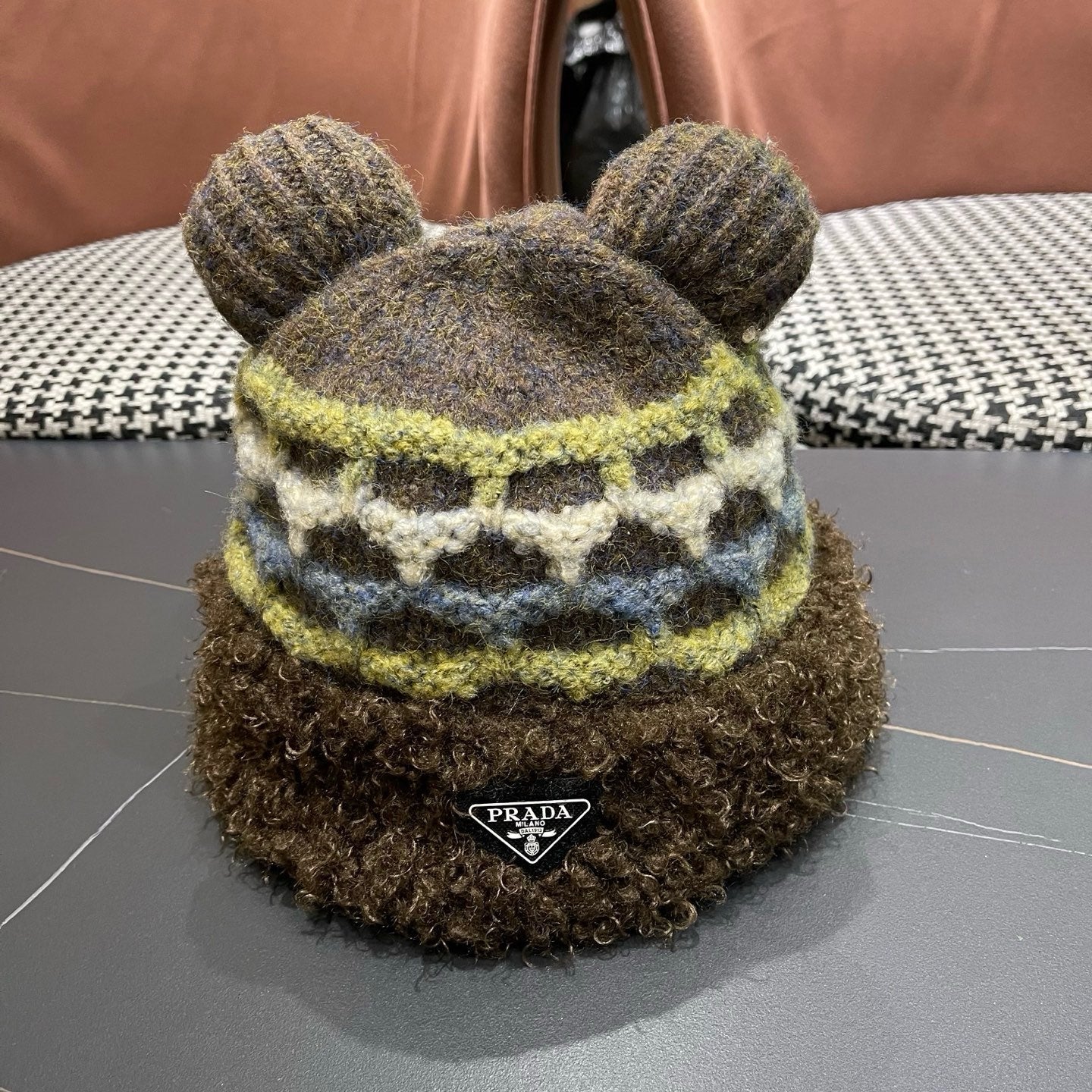 Prada 25 Cute Bear Ears Hat Dark Brown Multicolor Knitted Woolen Fabric 125502