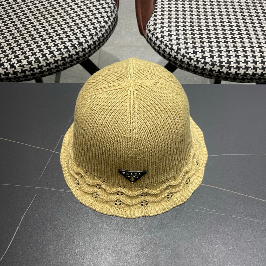 Prada Japanese Style Hollowed-out Bucket Hat Light Beige Knitted Woolen Fabric 123254