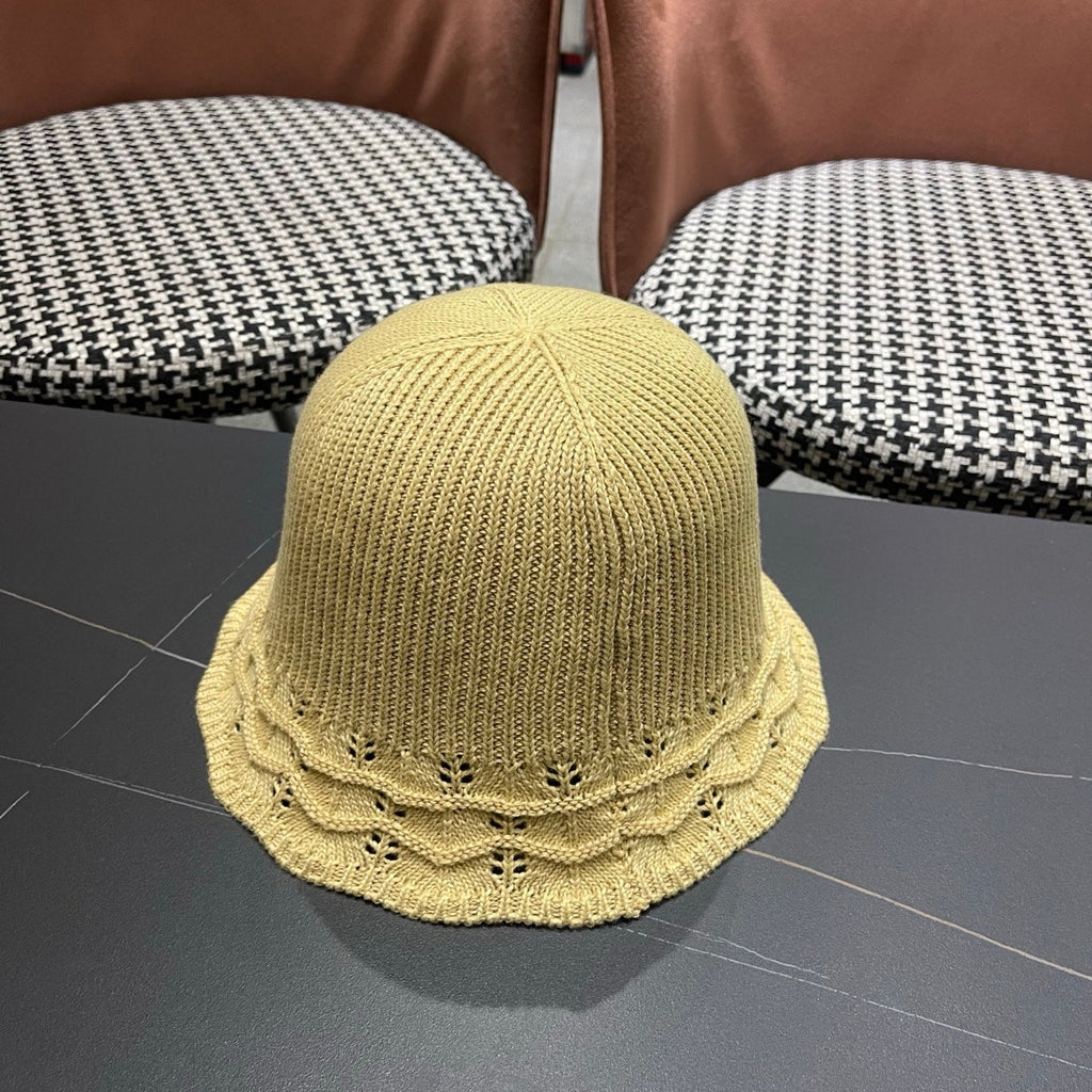 Prada Japanese Style Hollowed-out Bucket Hat Light Beige Knitted Woolen Fabric 123254