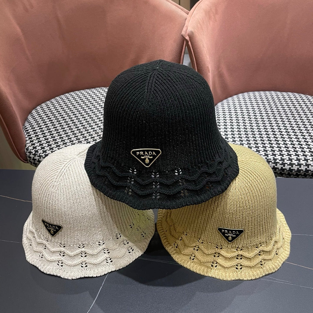 Prada Japanese Style Hollowed-out Bucket Hat Light Beige Knitted Woolen Fabric 123254