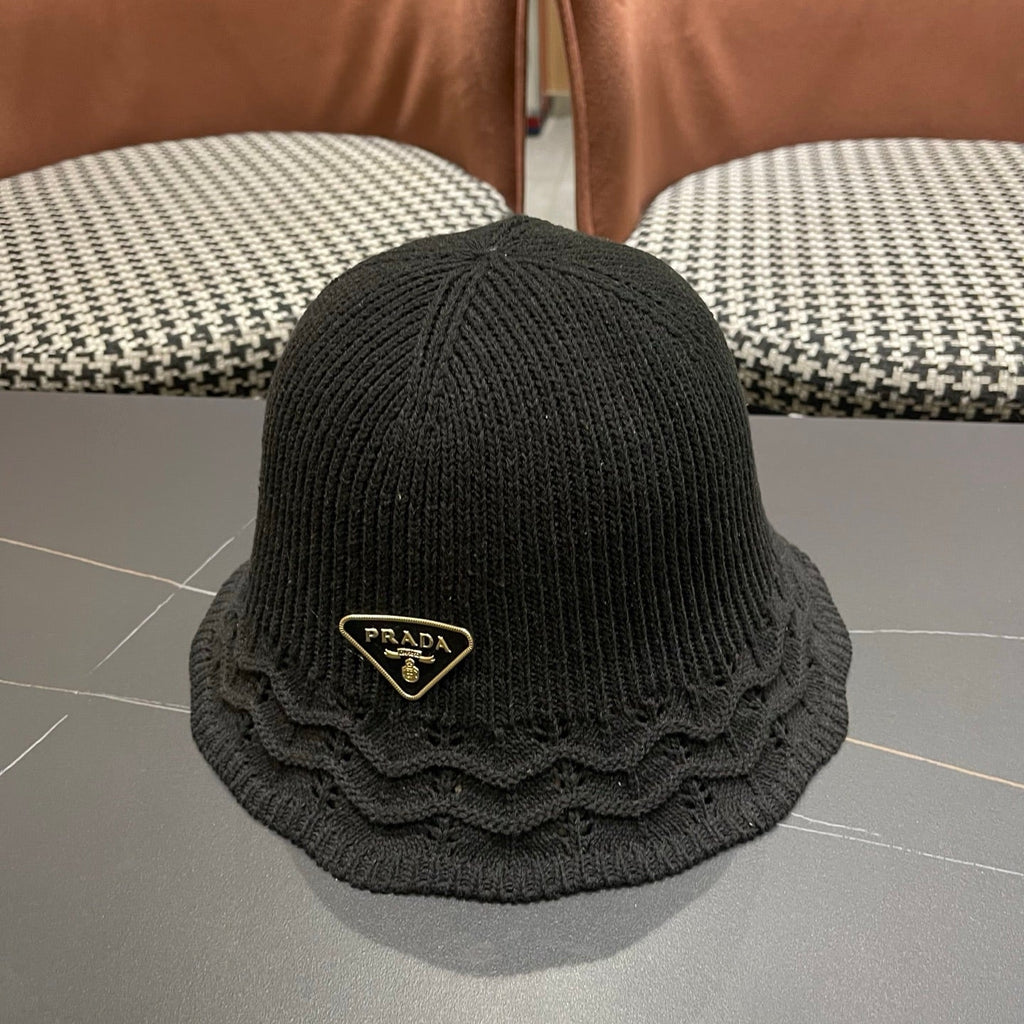 Prada Japanese Style Hollowed-out Bucket Hat Black Knitted Woolen Fabric 123253