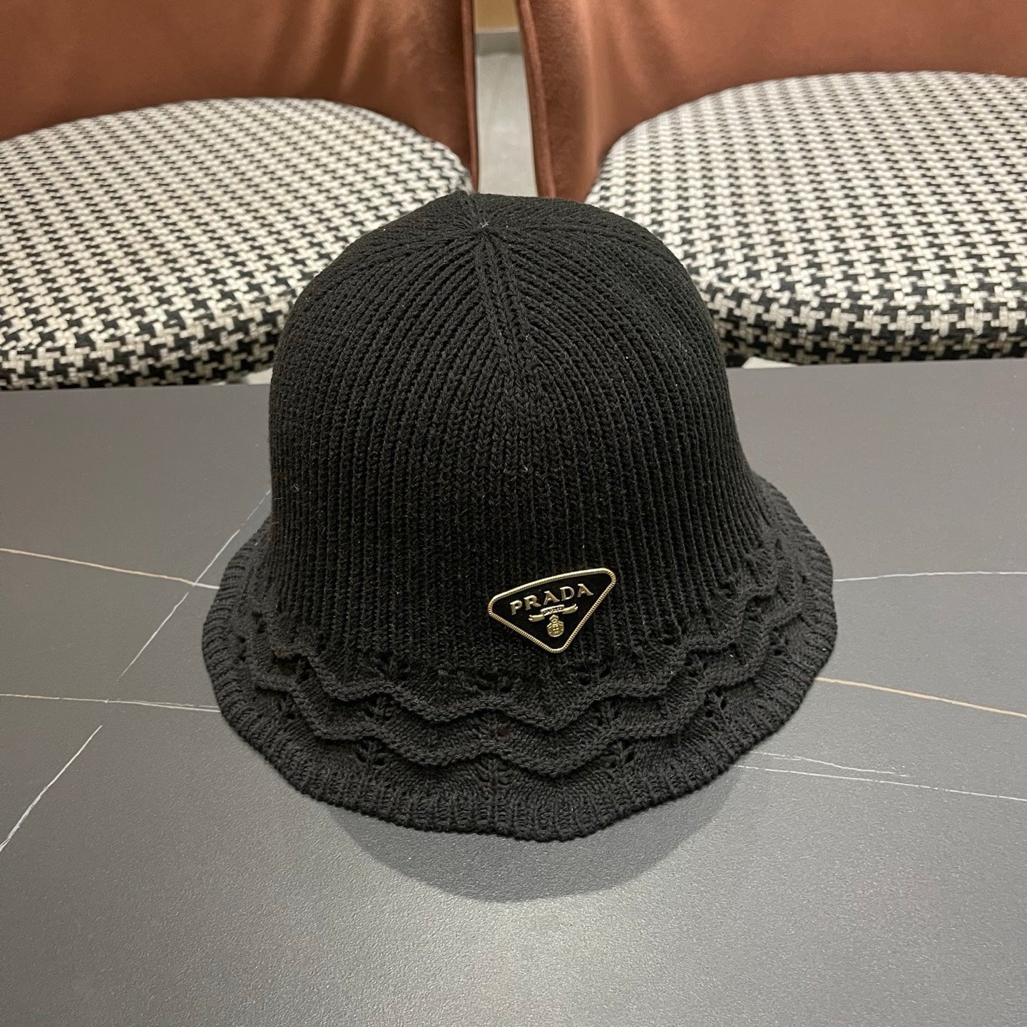 Prada Japanese Style Hollowed-out Bucket Hat Black Knitted Woolen Fabric 123253