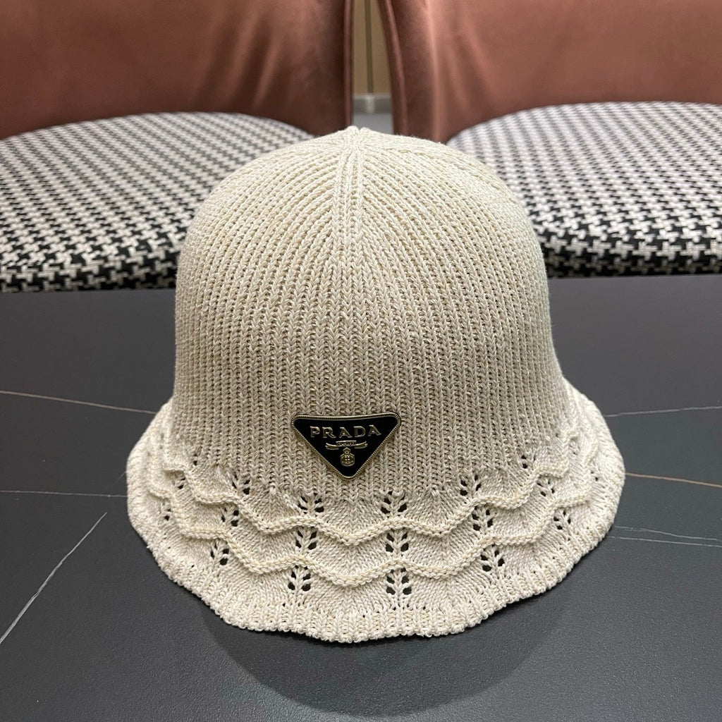 Prada Japanese Style Hollowed-out Bucket Hat White Knitted Woolen Fabric 123252