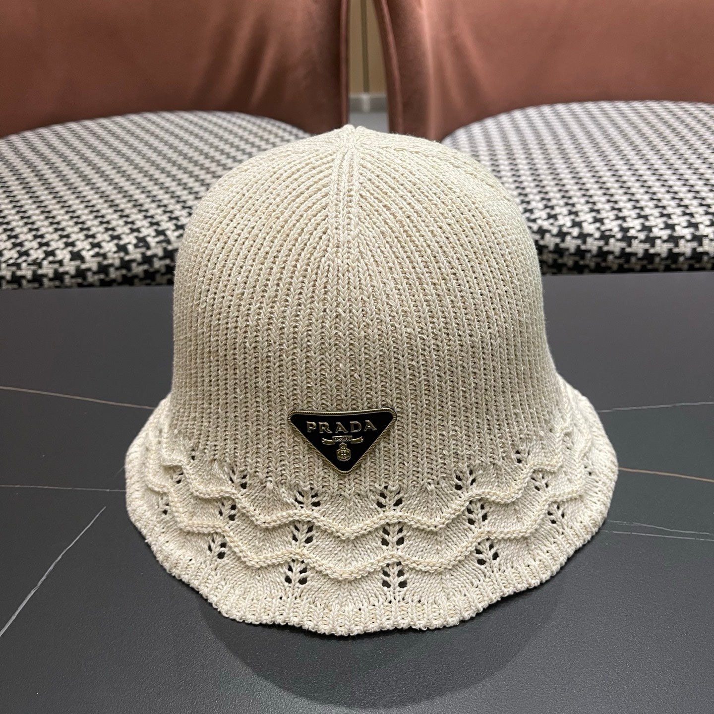 Prada Japanese Style Hollowed-out Bucket Hat White Knitted Woolen Fabric 123252