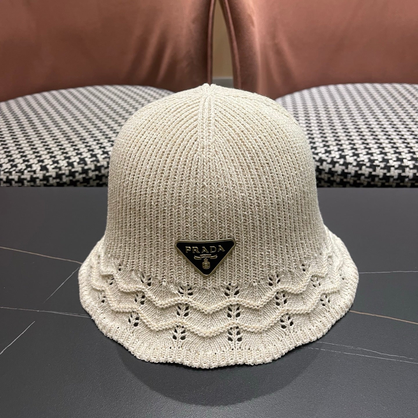 Prada Japanese Style Hollowed-out Bucket Hat White Knitted Woolen Fabric 123252