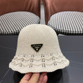 Prada Japanese Style Hollowed-out Bucket Hat White Knitted Woolen Fabric 123252