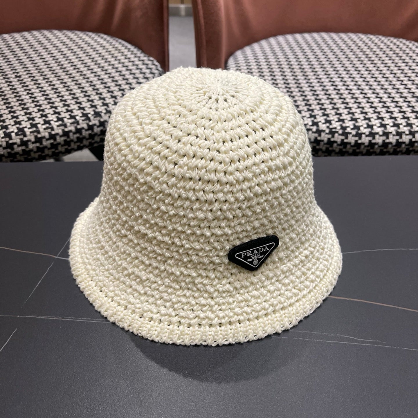 Prada 26 Prada Straw Hat White Knitted Woolen Fabric 123230