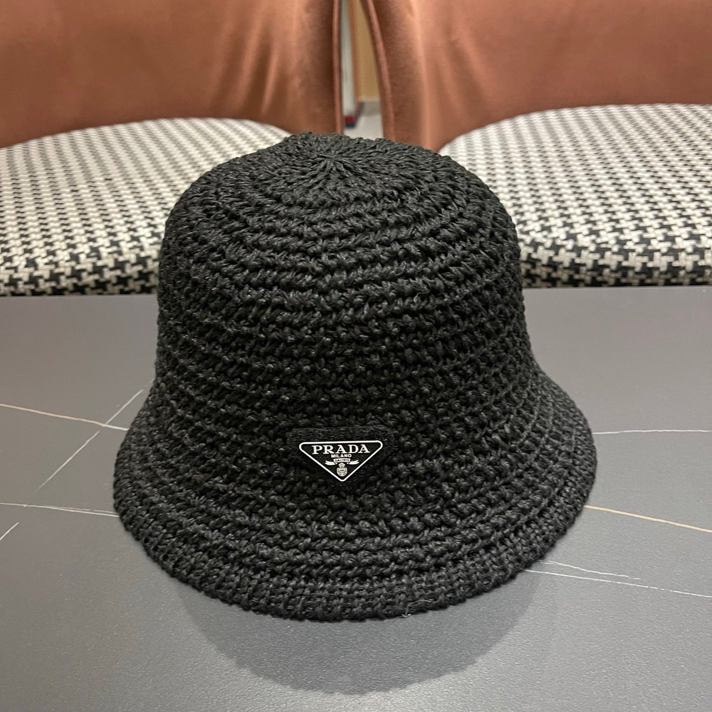 Prada 26 Prada Straw Hat Black Knitted Woolen Fabric 123229