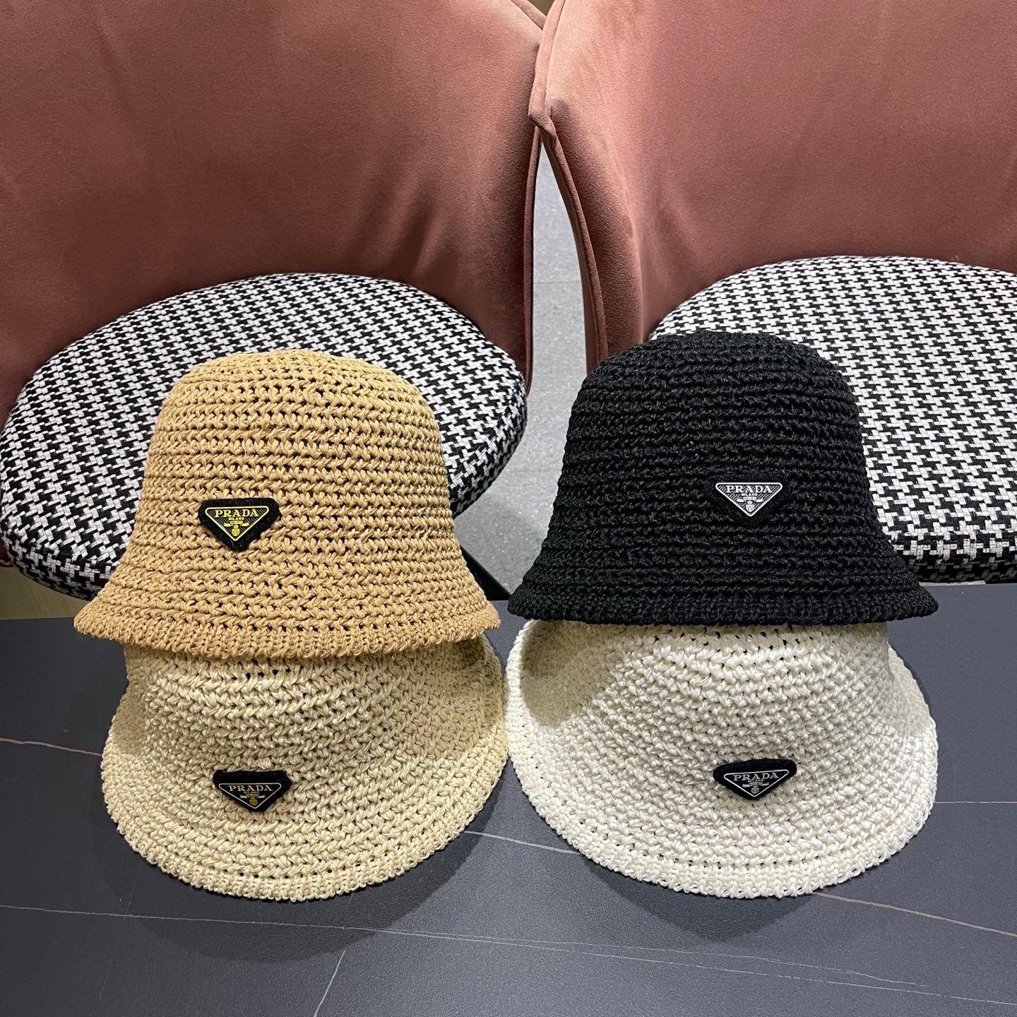 Prada 26 Prada Straw Hat Black Knitted Woolen Fabric 123229