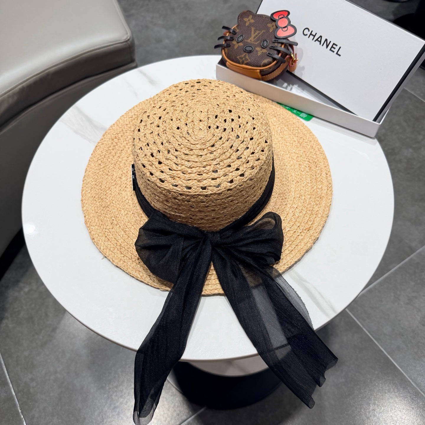 Chanel Straw Hat Beige Yellow Black in Raffia 192106