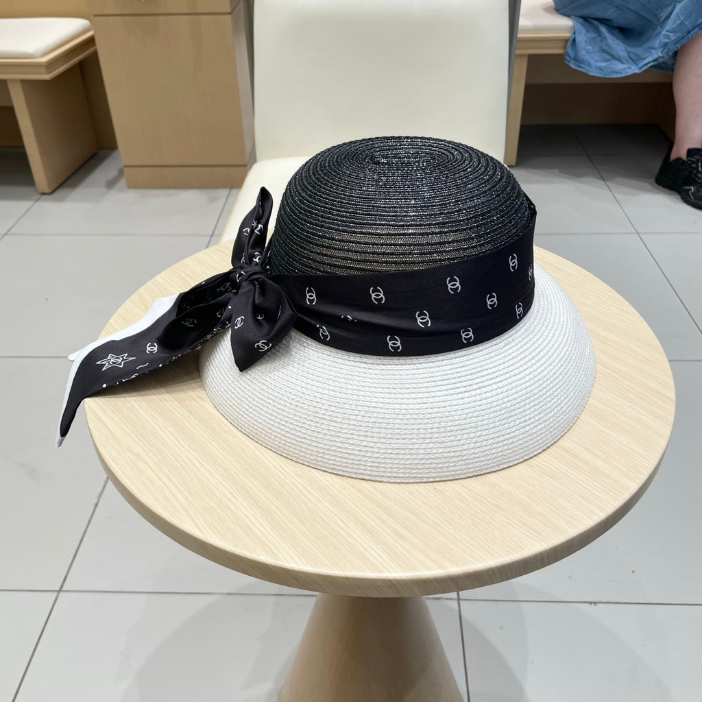 Chanel Straw White Black Hat with a Black Silk Ribbon 192277
