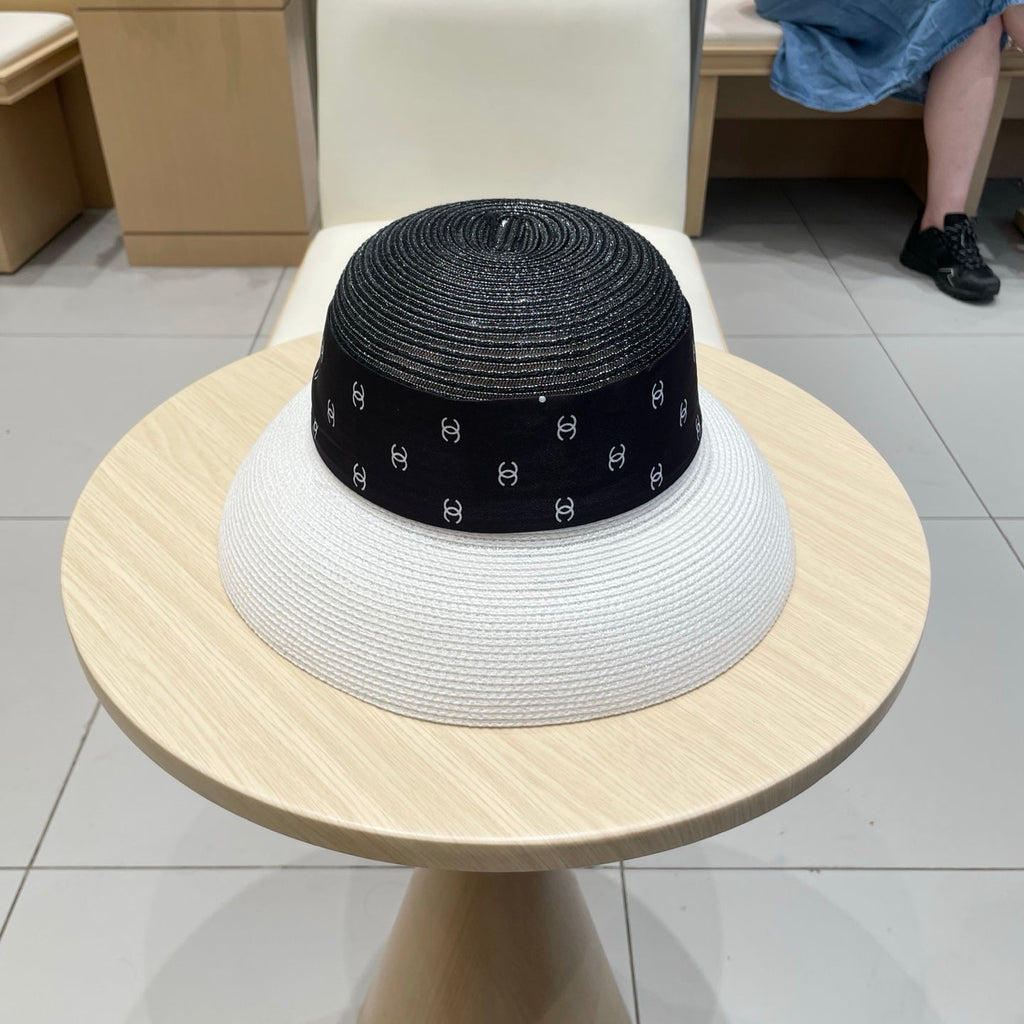 Chanel Straw White Black Hat with a Black Silk Ribbon 192277