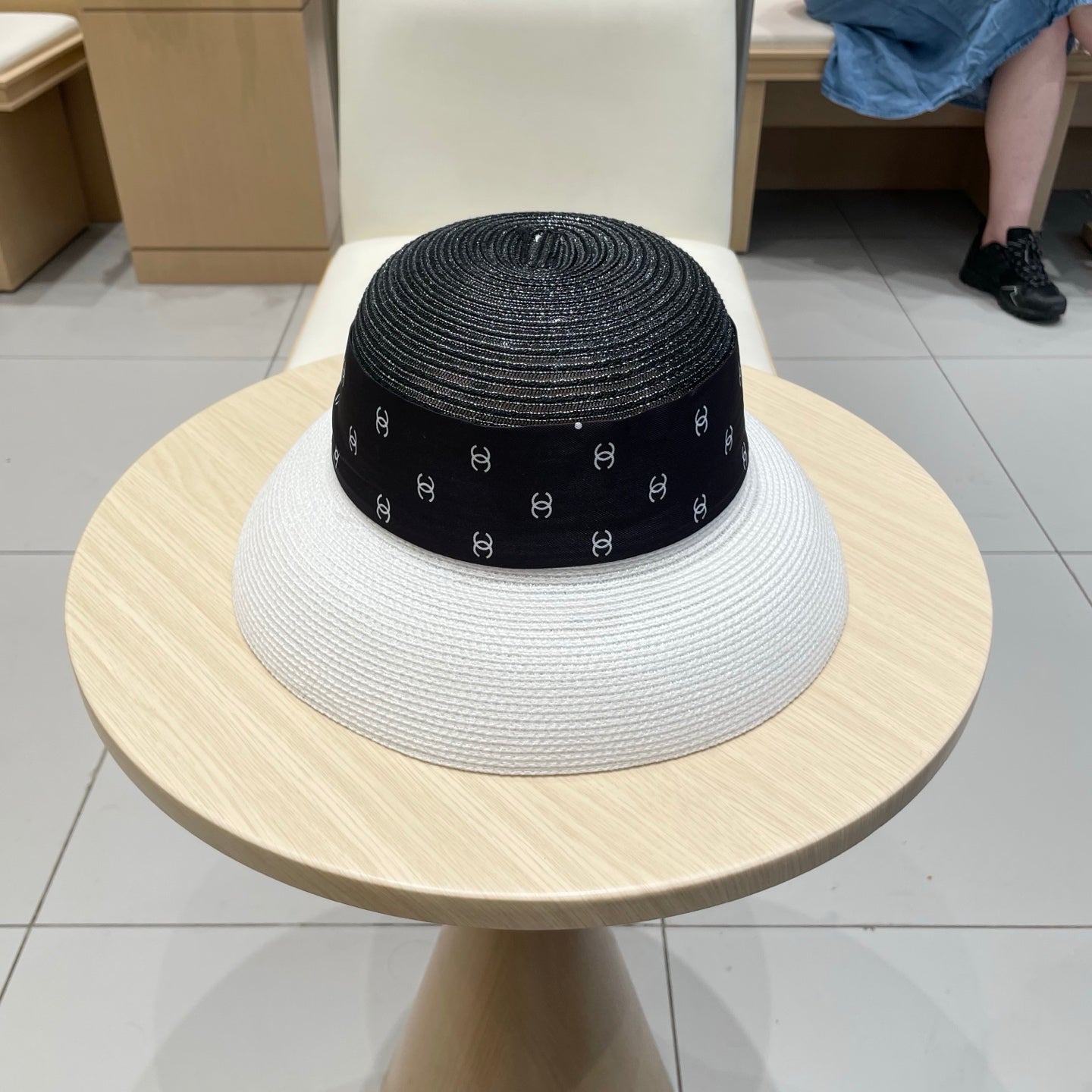 Chanel Straw White Black Hat with a Black Silk Ribbon 192277