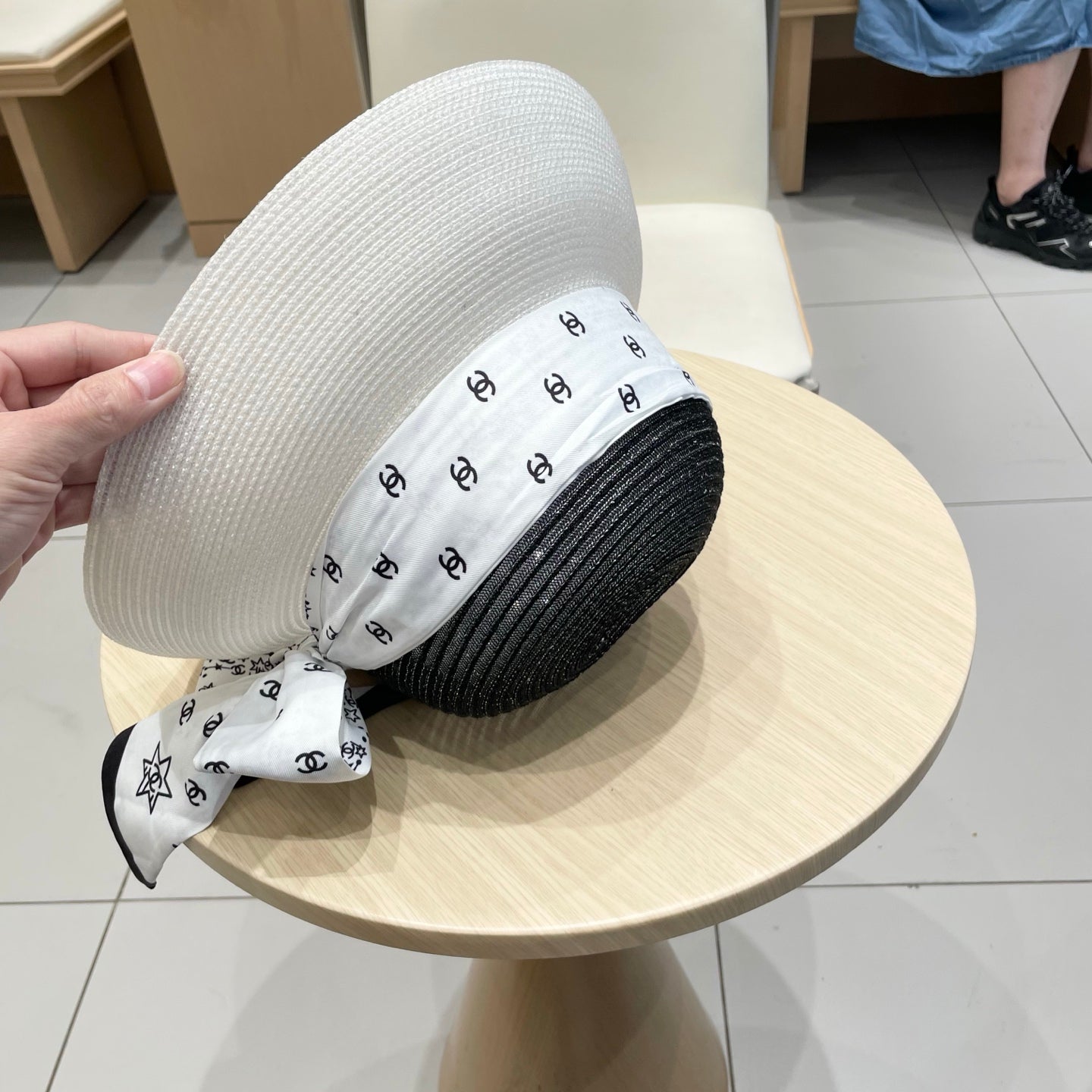 Chanel Straw White Black Hat with a White Silk Ribbon 192276