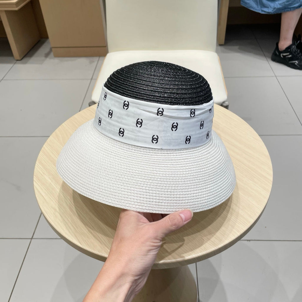 Chanel Straw White Black Hat with a White Silk Ribbon 192276