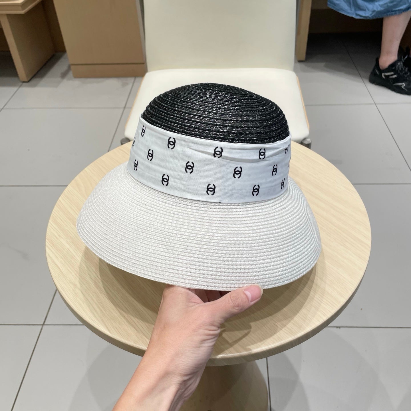 Chanel Straw White Black Hat with a White Silk Ribbon 192276