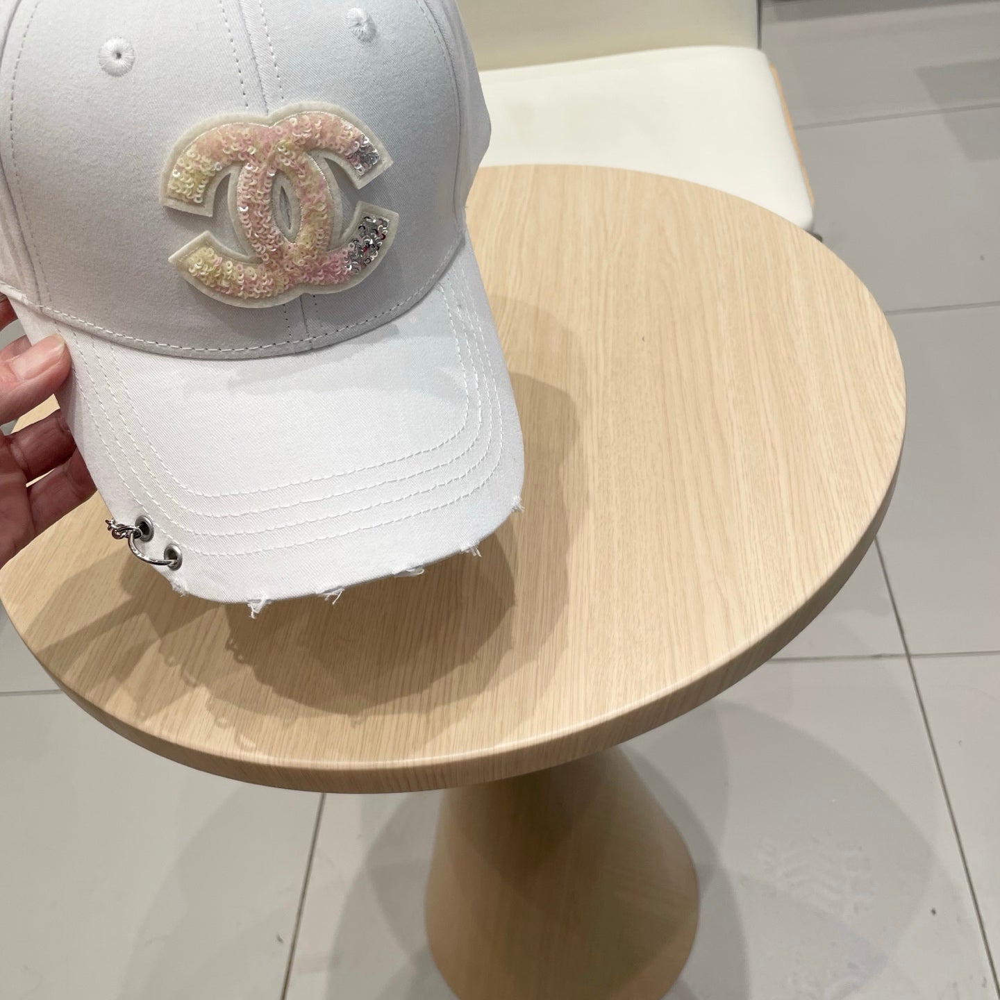 Chanel Baseball Cap with Chain White in Cloth 192198