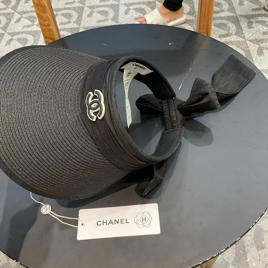 Chanel Bow Organza Open Visor Black Straw Hat 197911