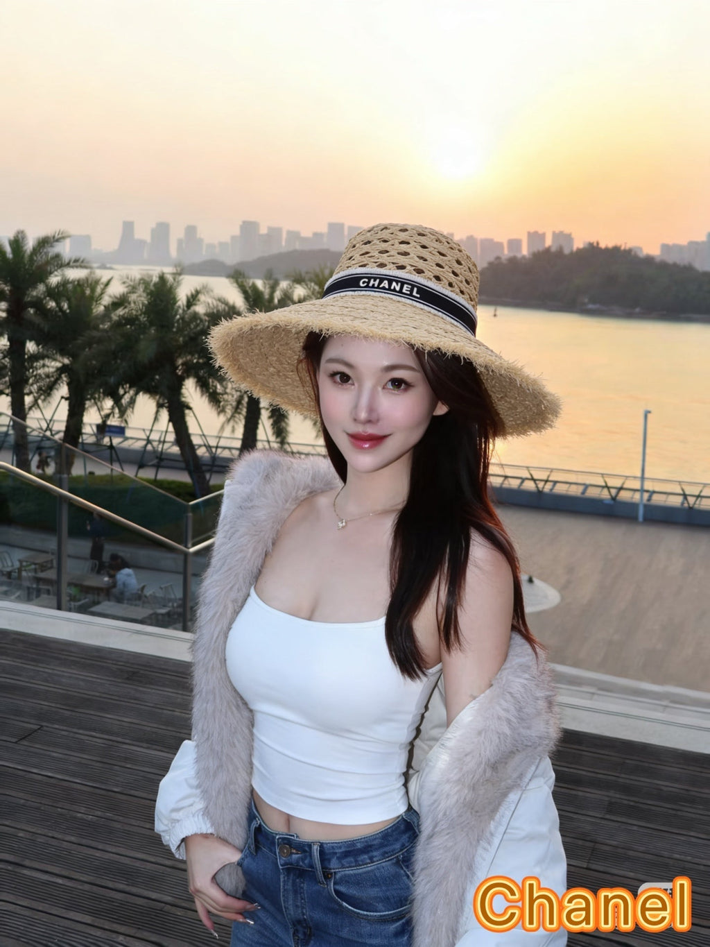 Chanel Straw hat Beige Black in Raffia 197755