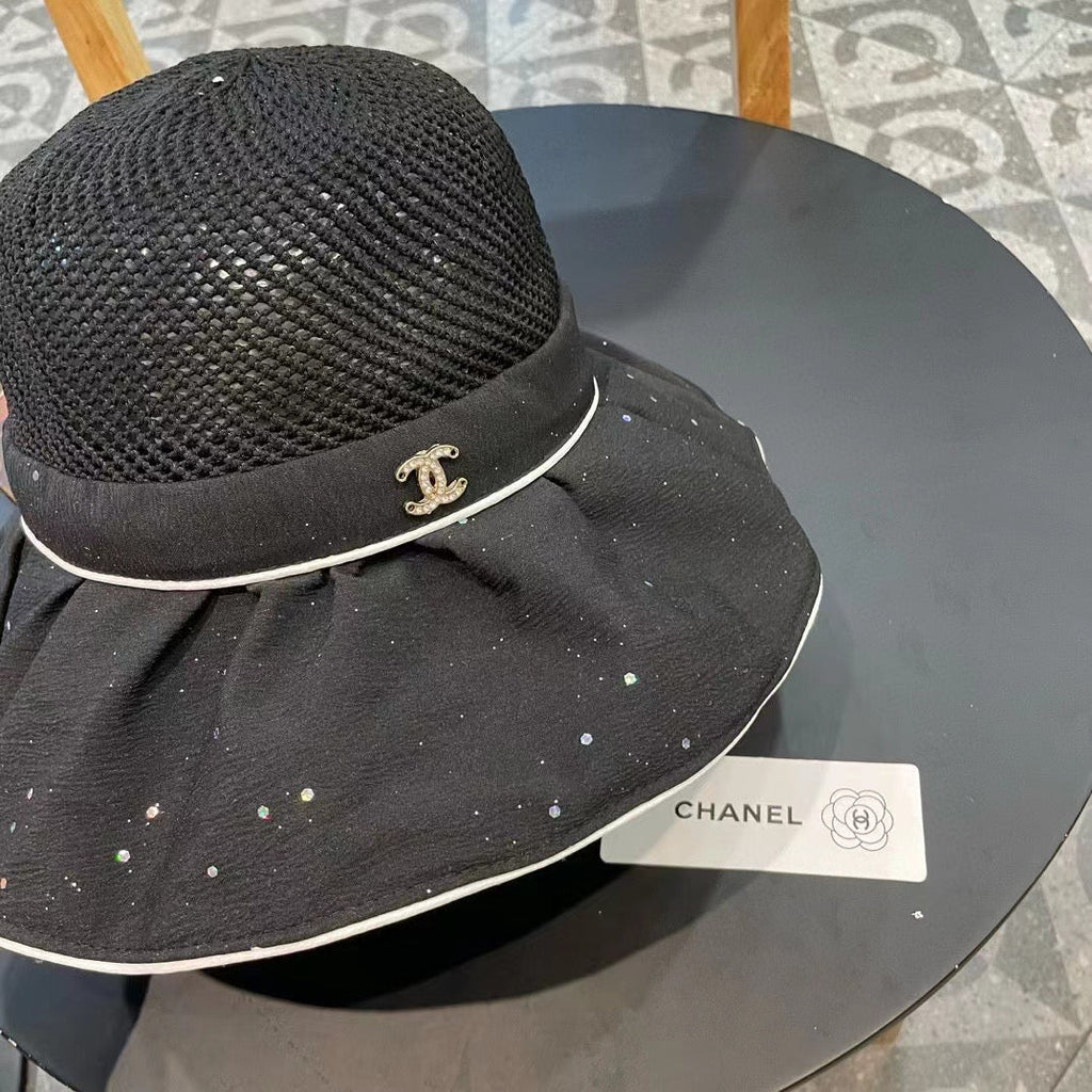 Chanel Wide-brimmed Bow Sun Hat Black in Fabric Patchwork Mesh 197786