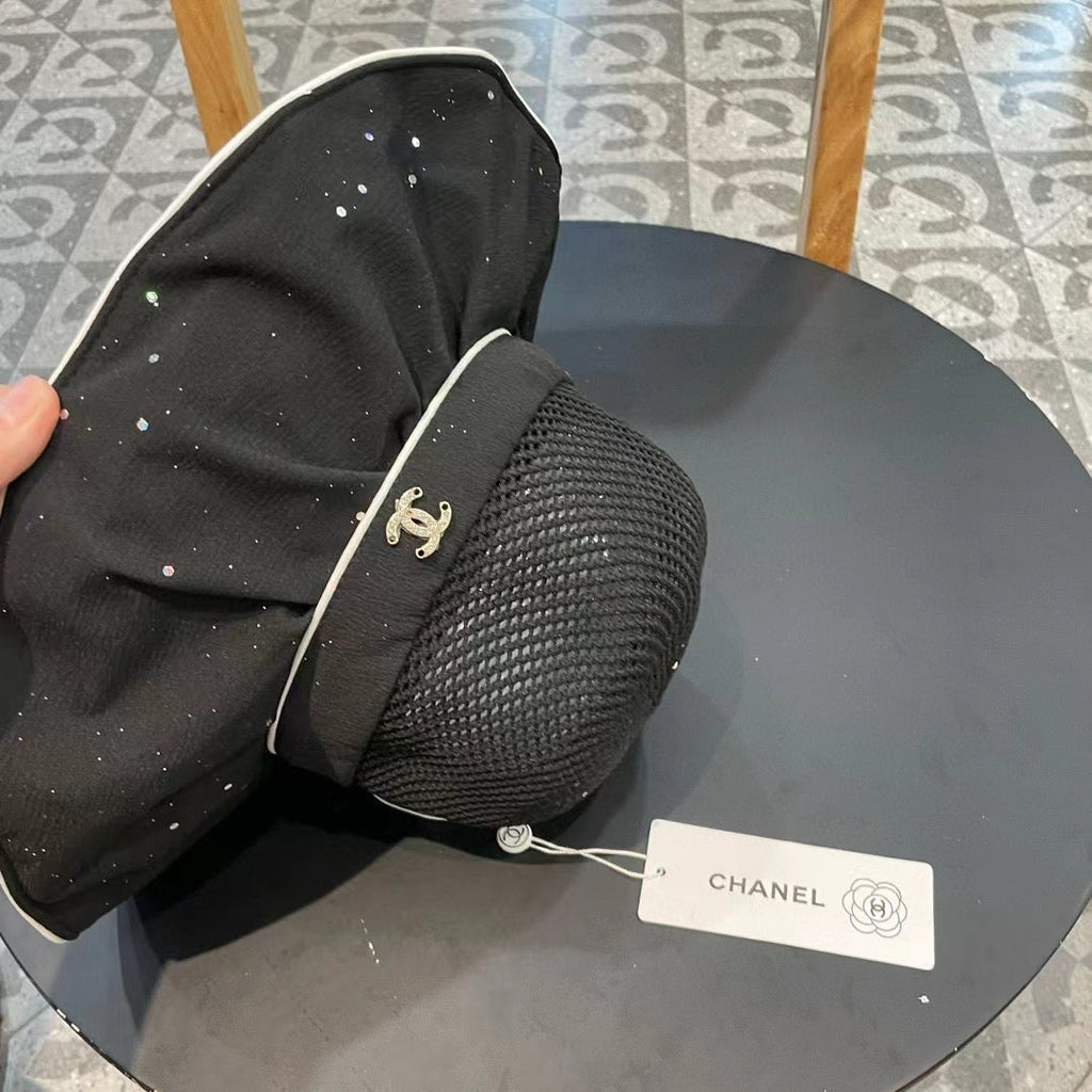 Chanel Wide-brimmed Bow Sun Hat Black in Fabric Patchwork Mesh 197786