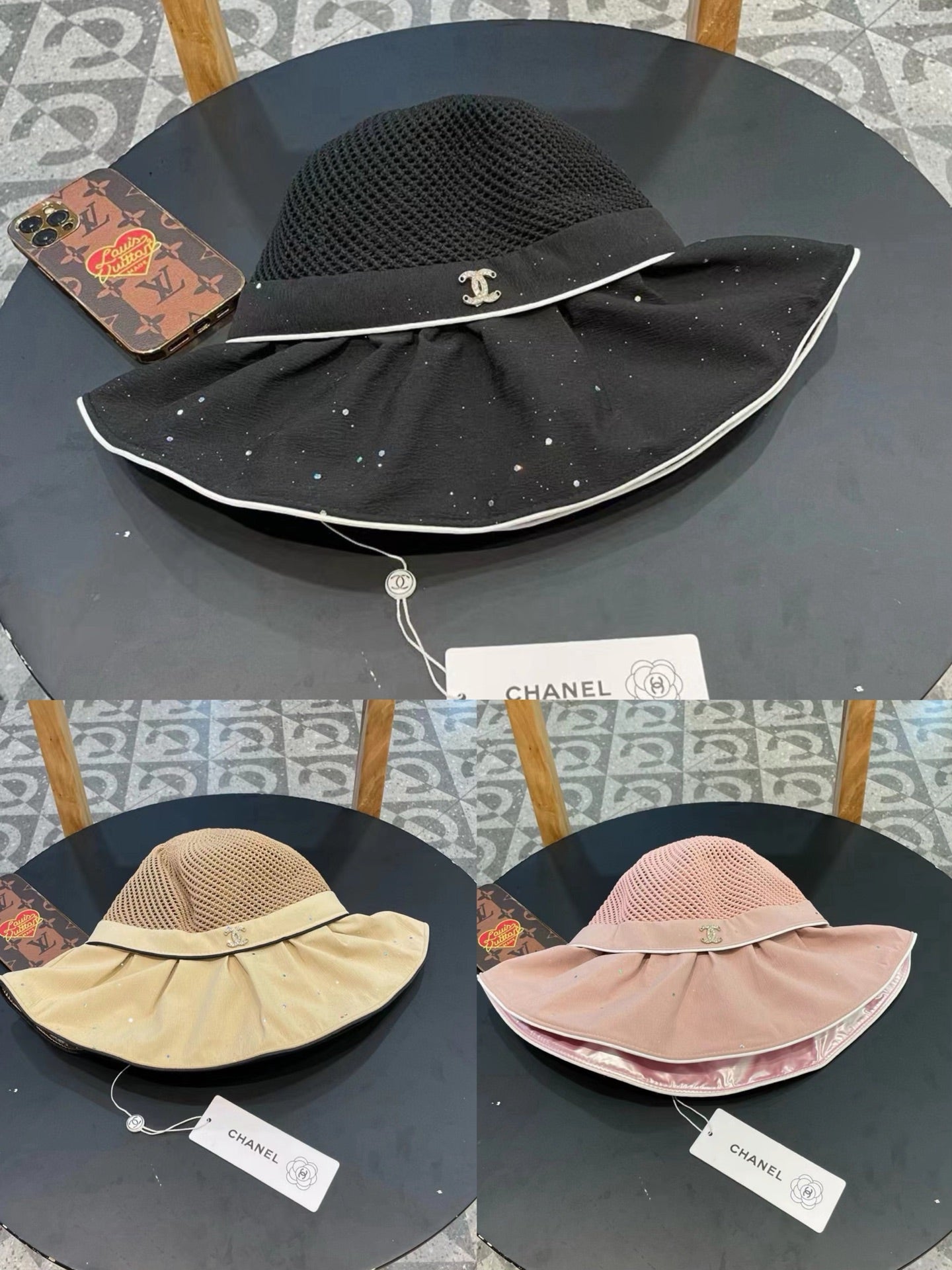 Chanel Wide-brimmed Bow Sun Hat Pink in Fabric Patchwork Mesh 197784