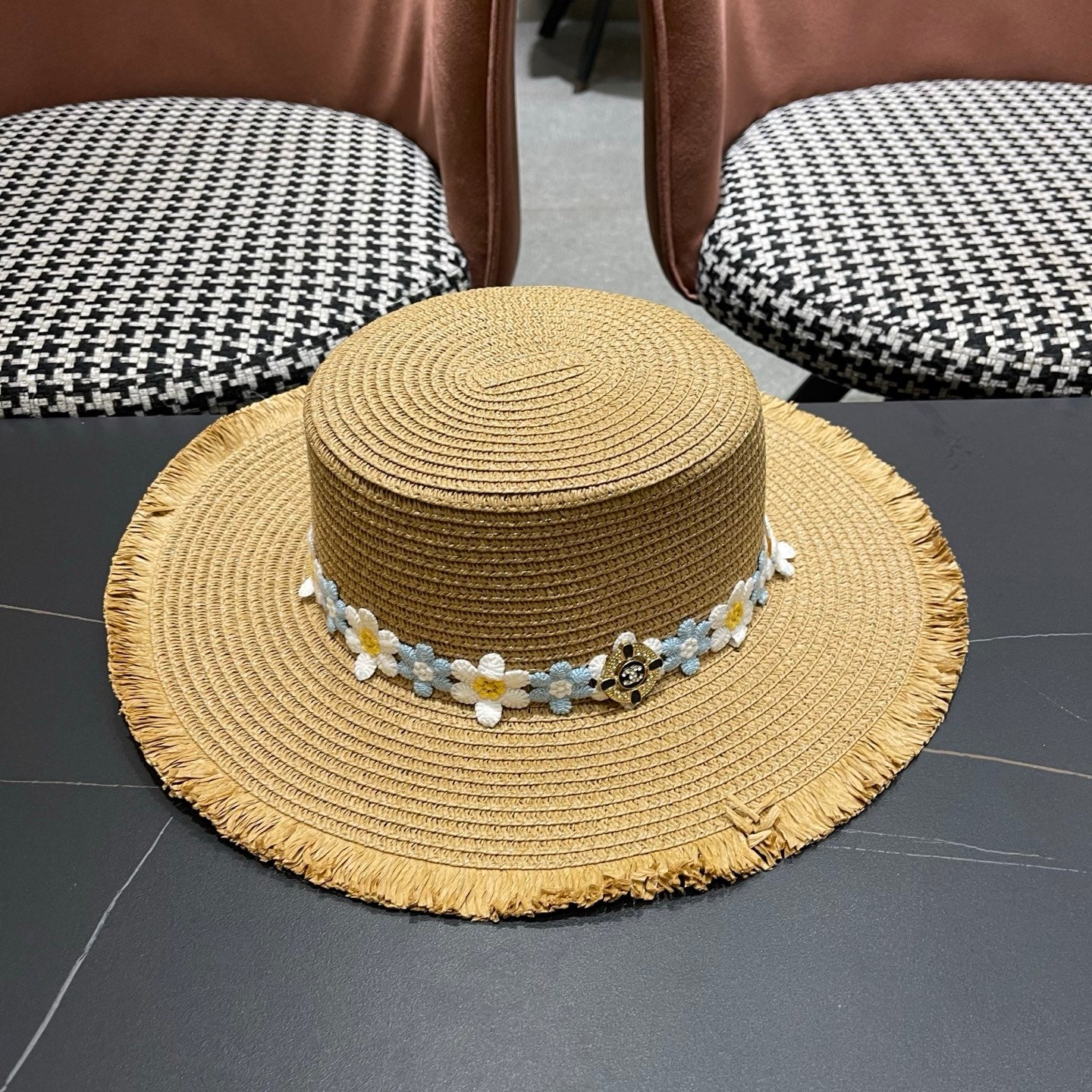 Chanel Beach Sun Hat Blue and White Floral Camel in Straw 197496