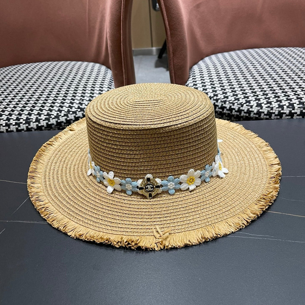 Chanel Beach Sun Hat Blue and White Floral Camel in Straw 197496
