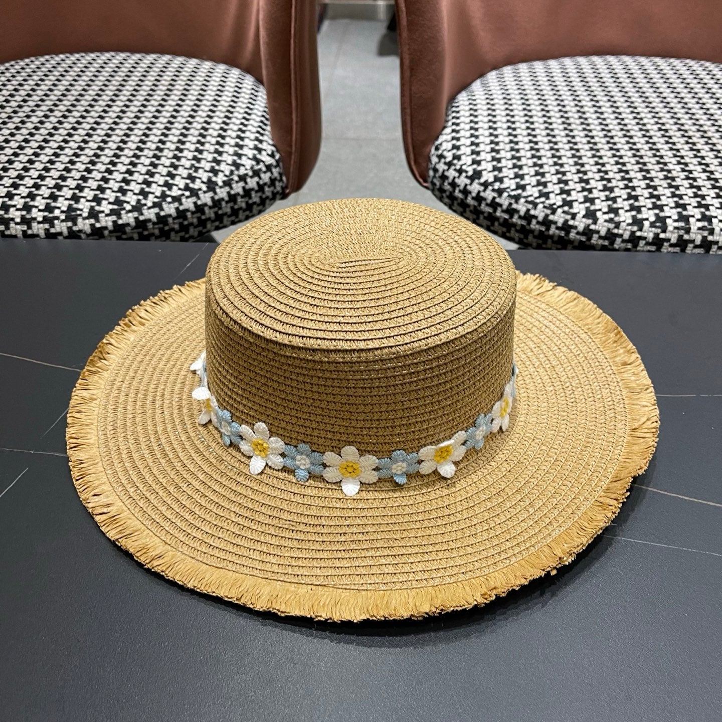 Chanel Beach Sun Hat Blue and White Floral Camel in Straw 197496