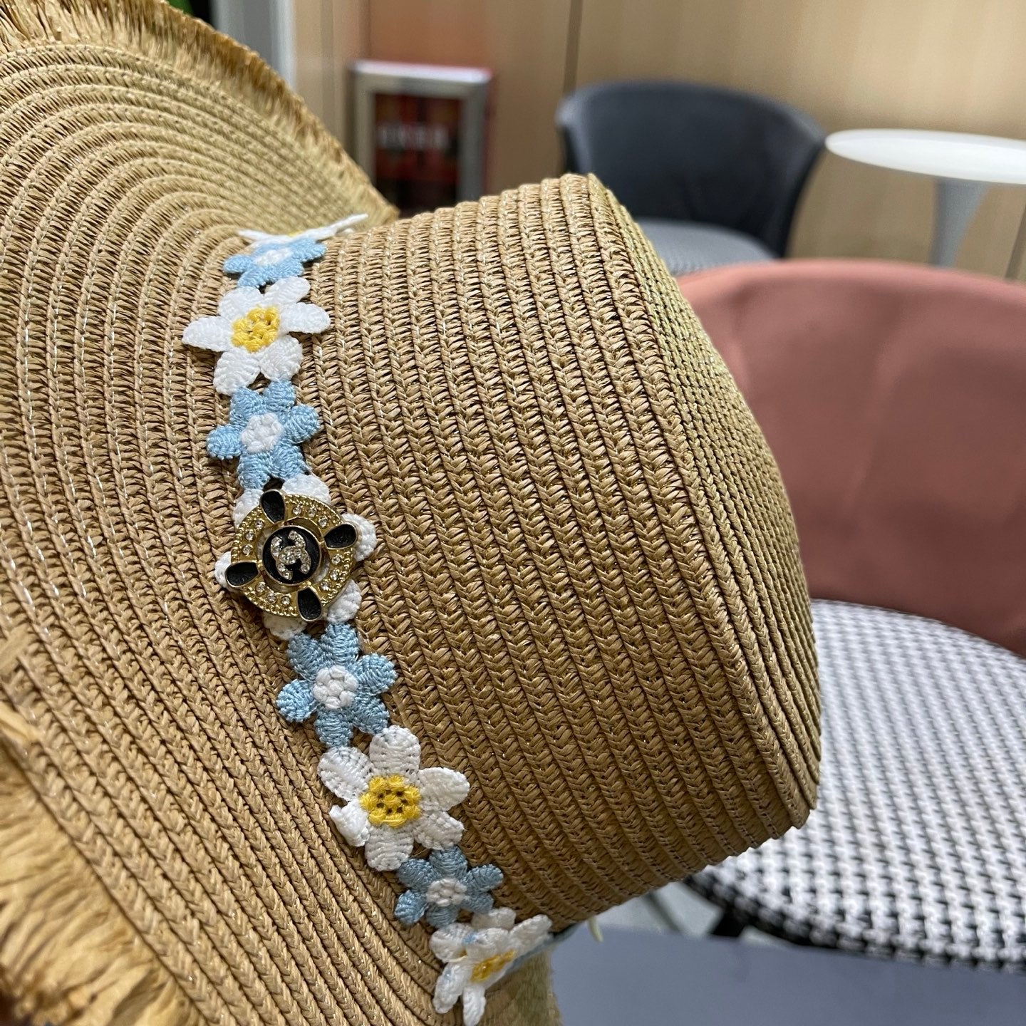 Chanel Beach Sun Hat Blue and White Floral Camel in Straw 197496