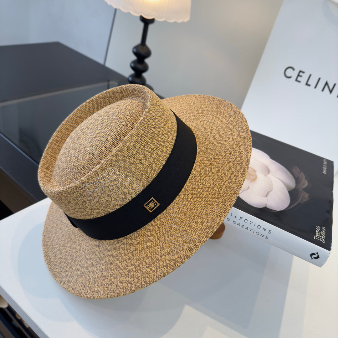Celine Fedora Hat Camel Black in PP straw 197596