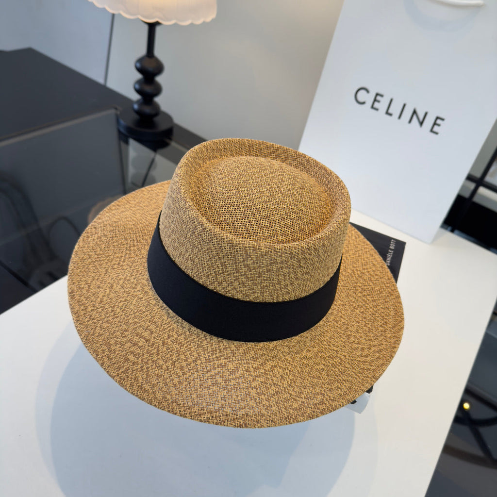 Celine Fedora Hat Camel Black in PP straw 197596