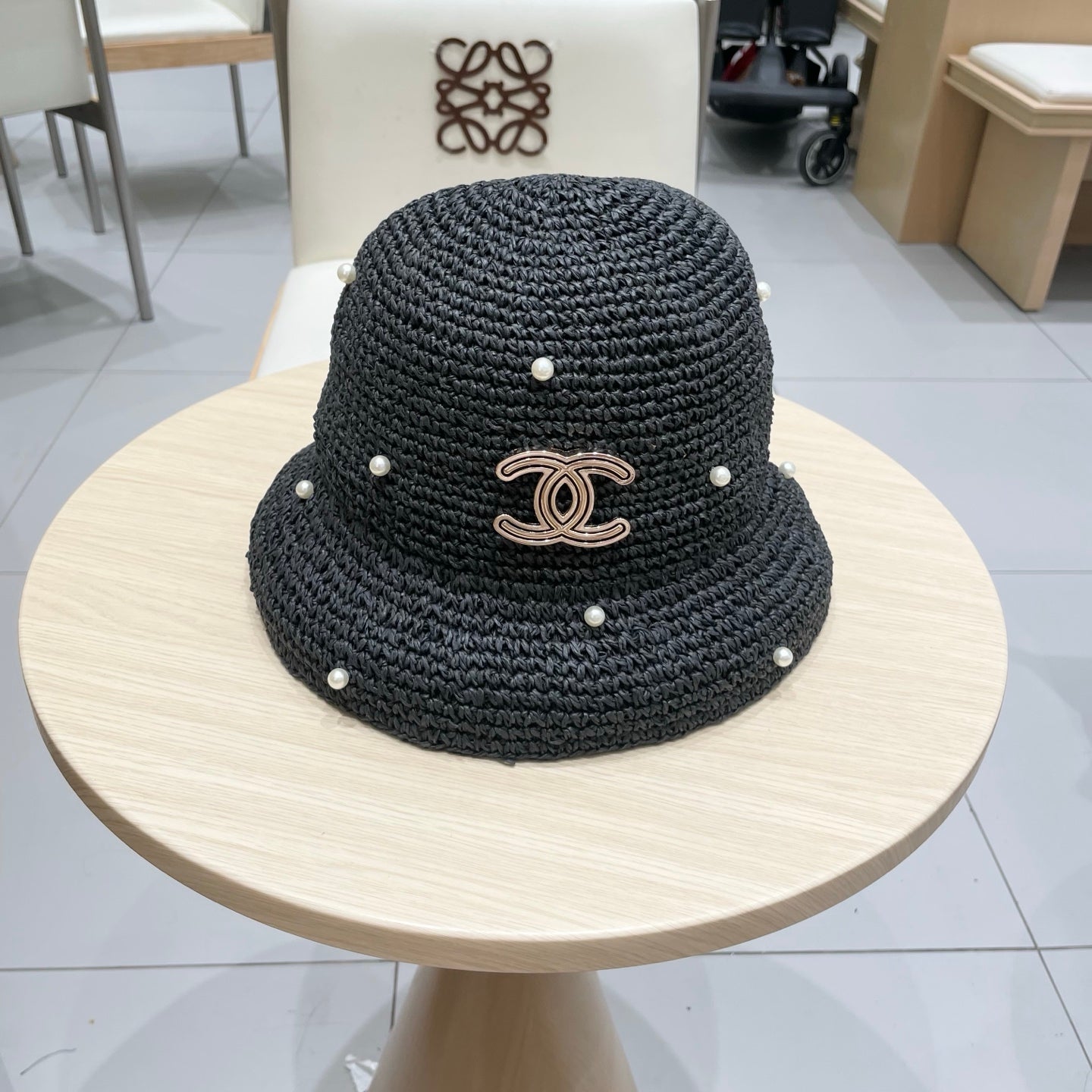 Chanel vintage Hat Pearl embellishments Black in Straw 201641