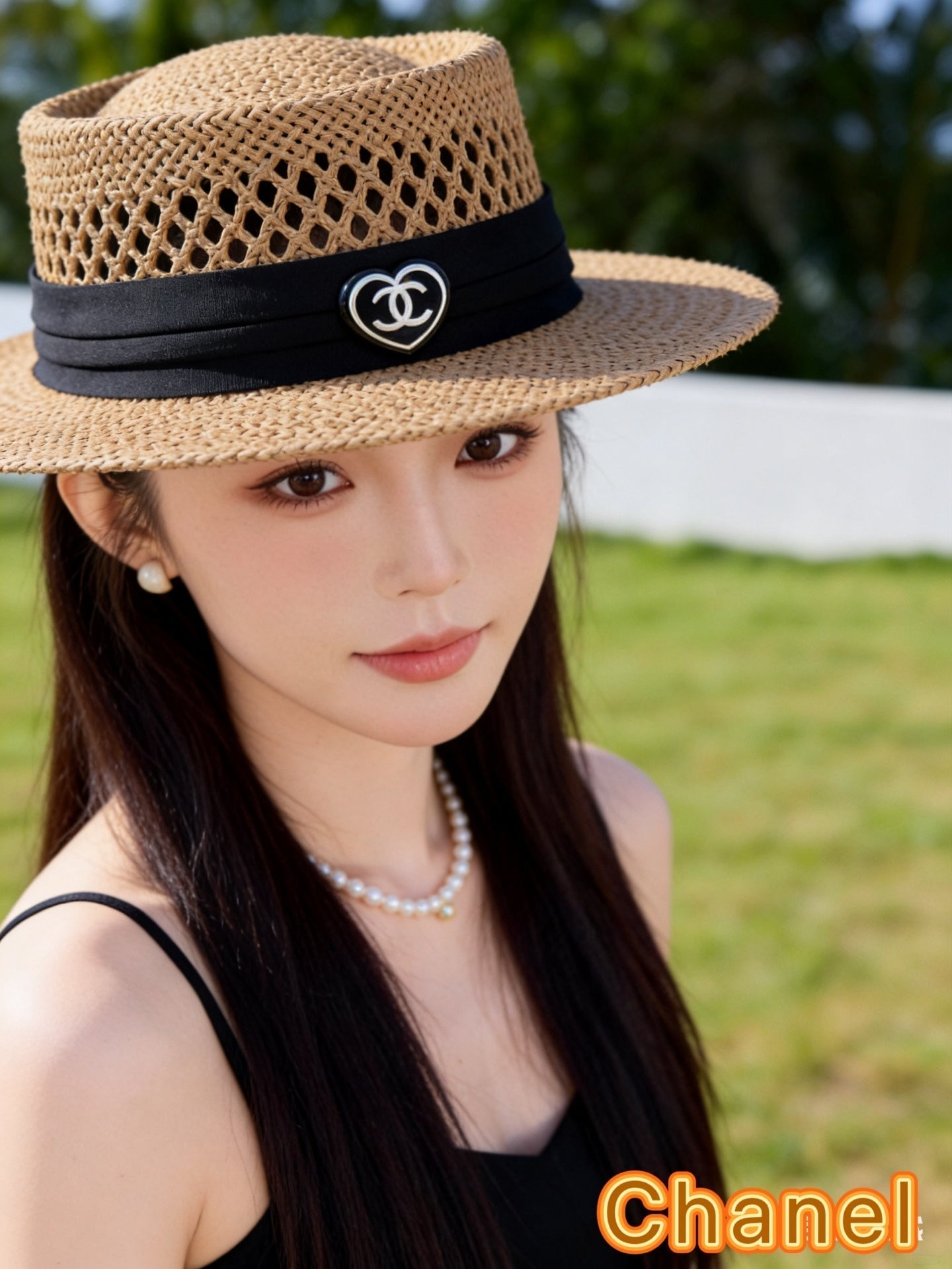 Chanel French Flat Top Hat Camel Black in Straw 201566