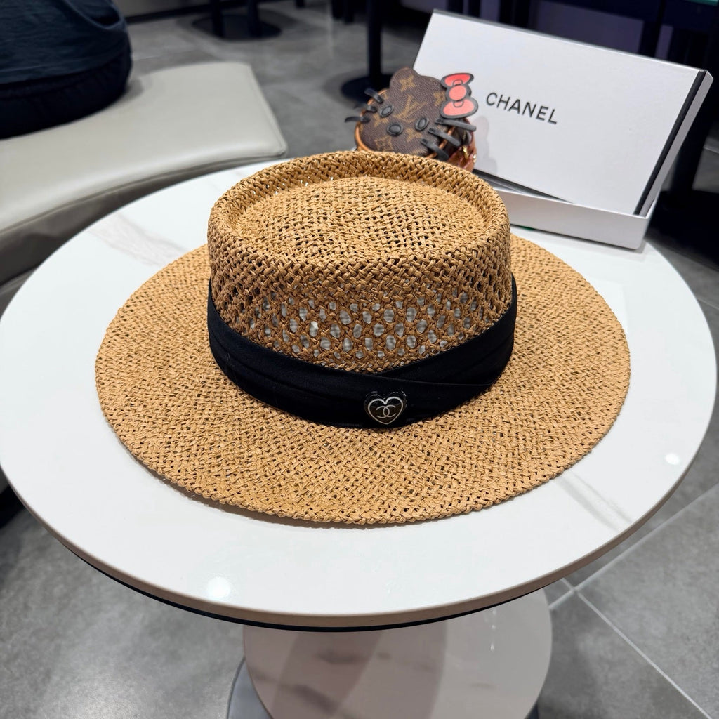 Chanel French Flat Top Hat Camel Black in Straw 201566