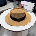 Chanel French Flat Top Hat Camel Black in Straw 201566