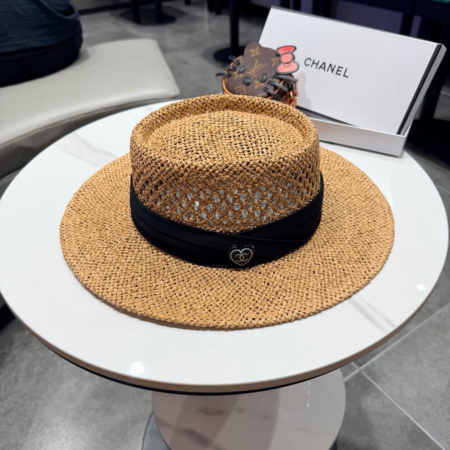 Chanel French Flat Top Hat Camel Black in Straw 201566