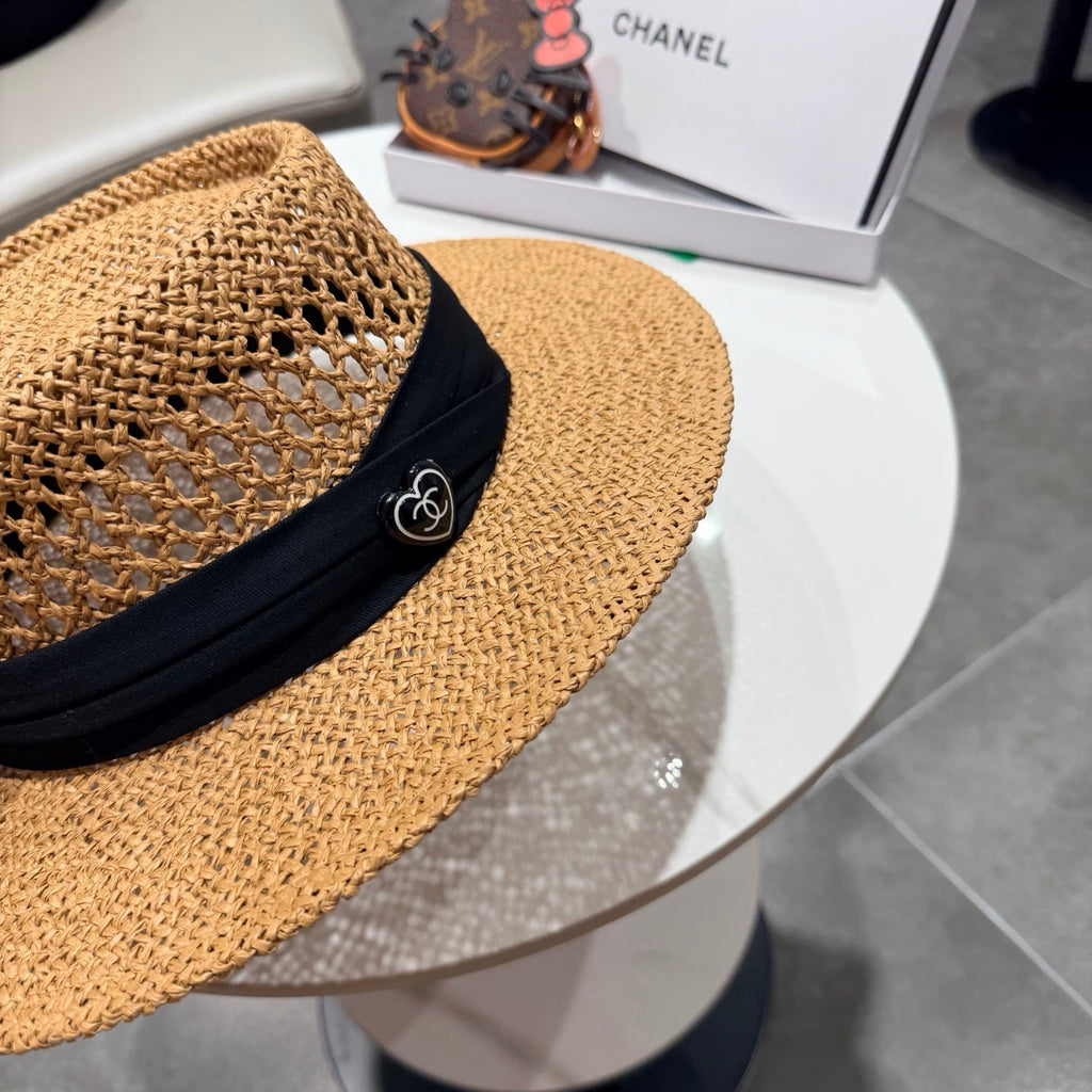 Chanel French Flat Top Hat Camel Black in Straw 201566