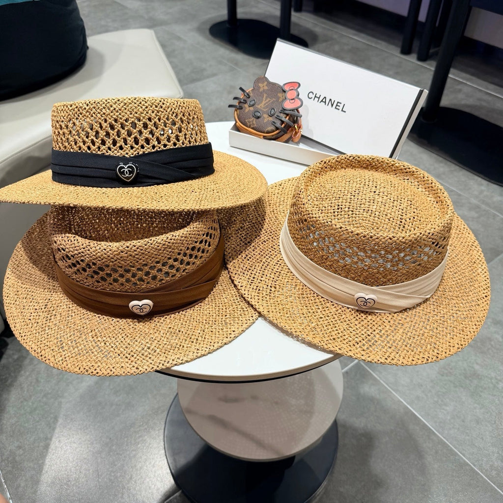 Chanel French Flat Top Hat Camel Black in Straw 201566