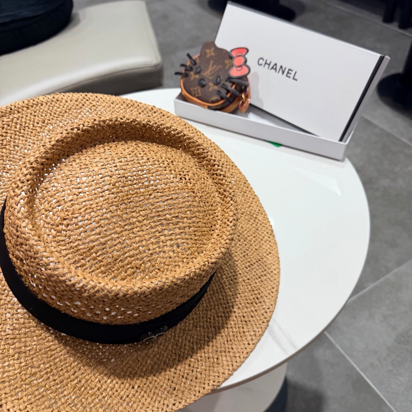 Chanel French Flat Top Hat Camel Black in Straw 201566
