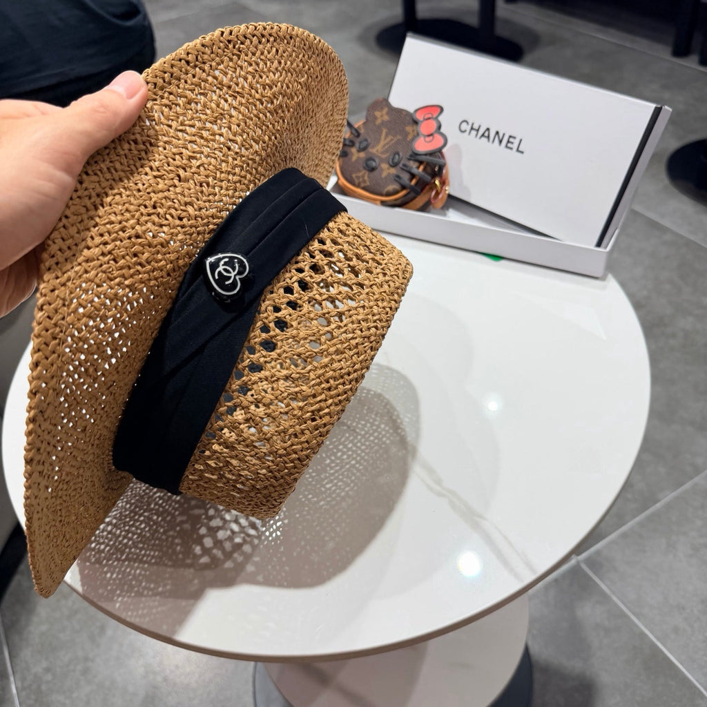 Chanel French Flat Top Hat Camel Black in Straw 201566